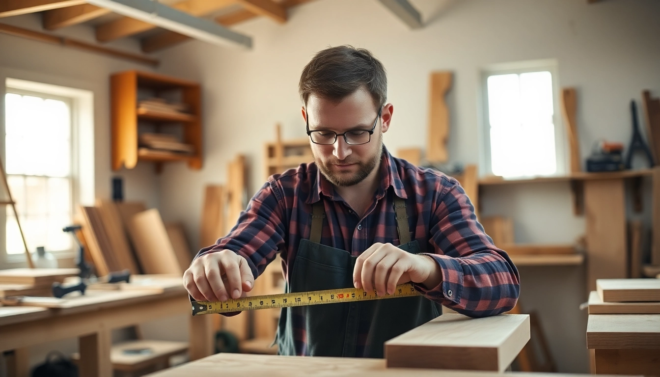 Professional carpenter working on detailed carpentry projects, showcasing craftsmanship and tool usage in a workshop environment.