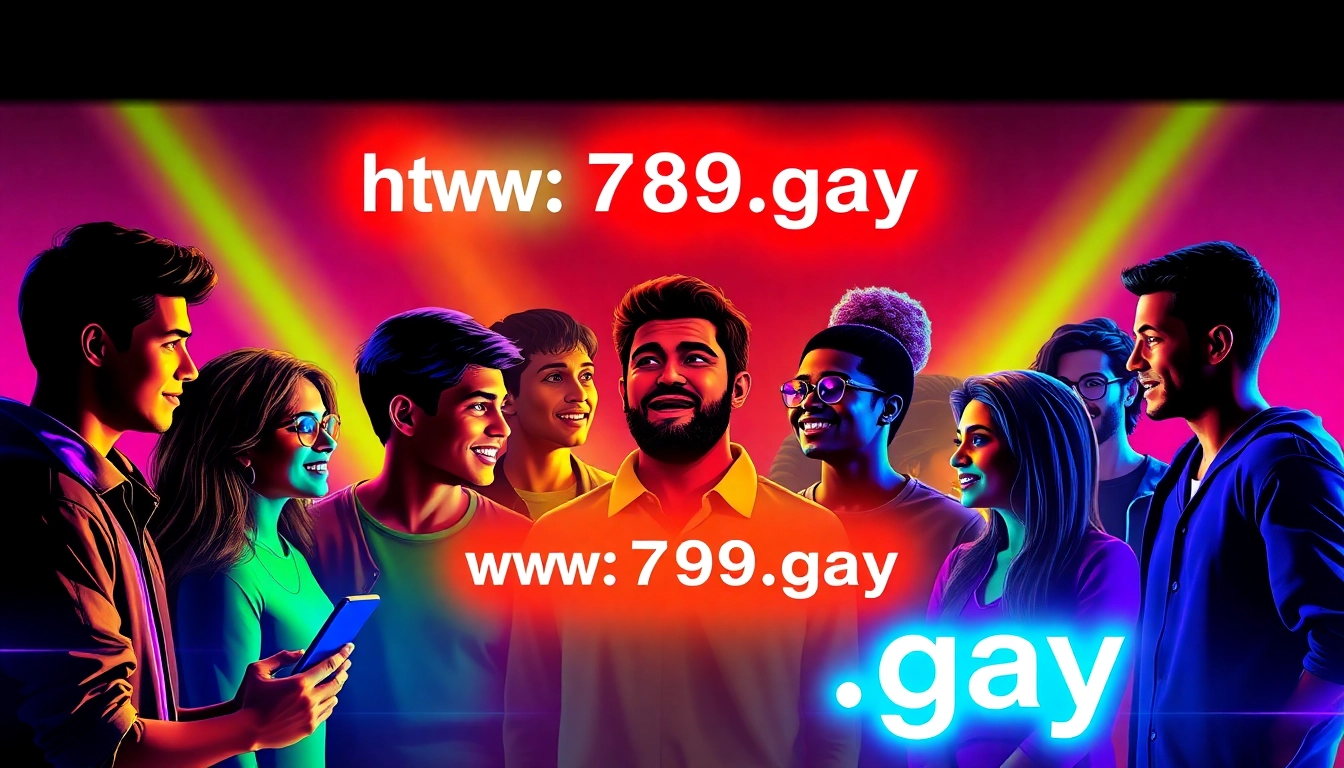 Empowering scene showcasing LGBTQ+ community members connected through https://789f.gay on sleek devices in a brightly colored urban environment, emphasizing unity and technology access.