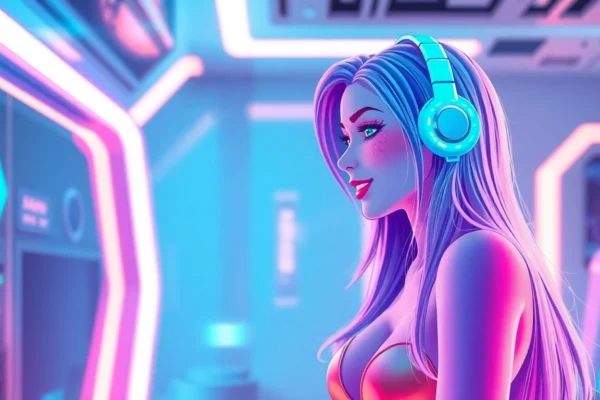 A digital illustration of an AI chat interface with a female character engaging in conversation.