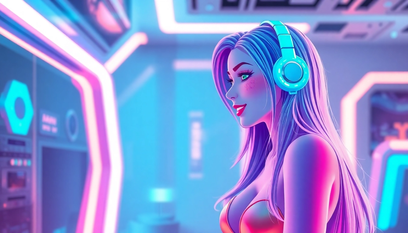 A digital illustration of an AI chat interface with a female character engaging in conversation.