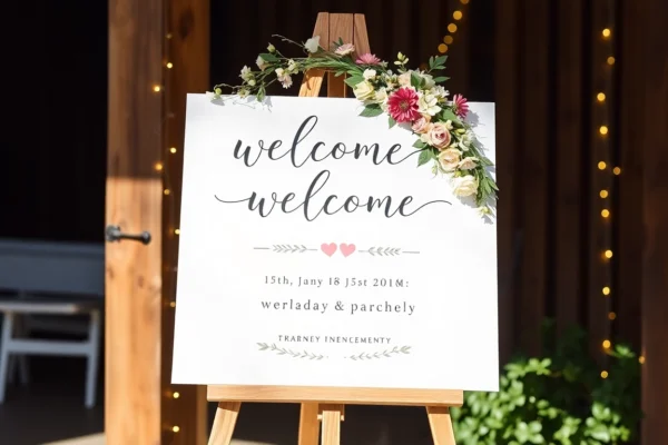 Beautiful wedding welcome sign with modern calligraphy and floral decor, perfect for a stylish wedding entryway.