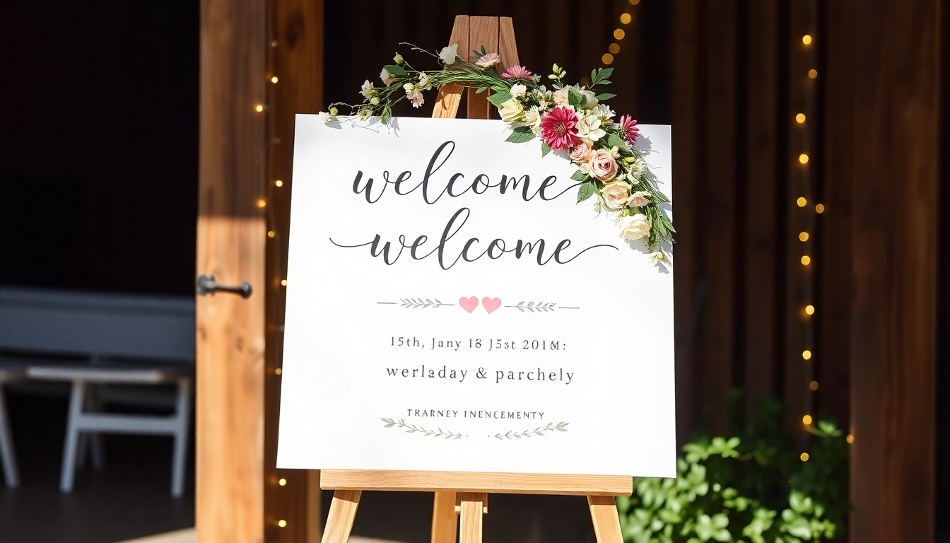 Beautiful wedding welcome sign with modern calligraphy and floral decor, perfect for a stylish wedding entryway.