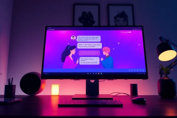 An illustration of a computer screen showing a vibrant, animated NSFW chat interface with colorful avatars in a cozy, dimly lit room.