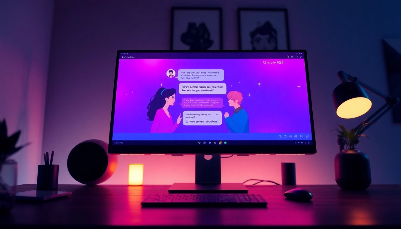 An illustration of a computer screen showing a vibrant, animated NSFW chat interface with colorful avatars in a cozy, dimly lit room.