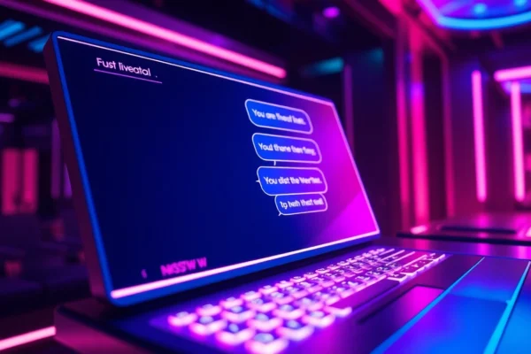 Futuristic AI chat interface with neon colors and digital textures in a high-tech environment.