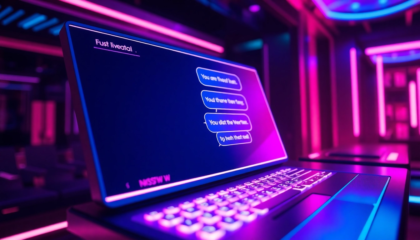 Futuristic AI chat interface with neon colors and digital textures in a high-tech environment.