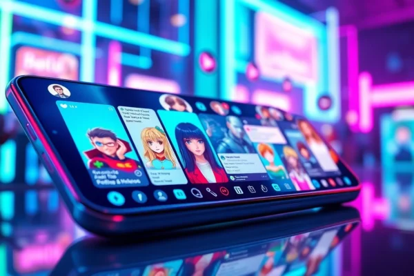 Futuristic social media interface with AI characters and vibrant neon lights.
