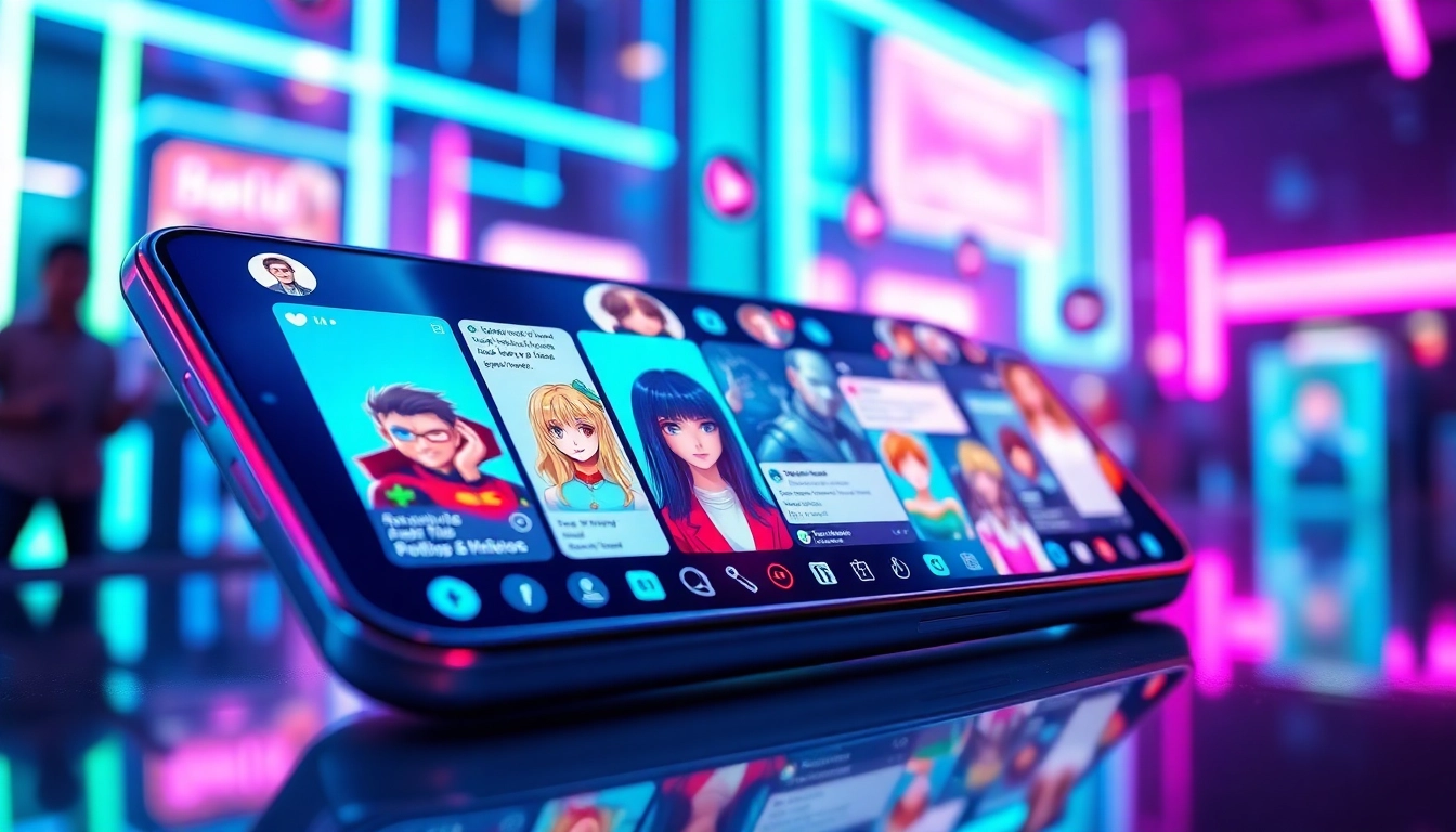 Futuristic social media interface with AI characters and vibrant neon lights.