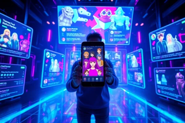 A futuristic digital scene showing a person engaging with AI avatars and social media holograms, representing fame and fandom.