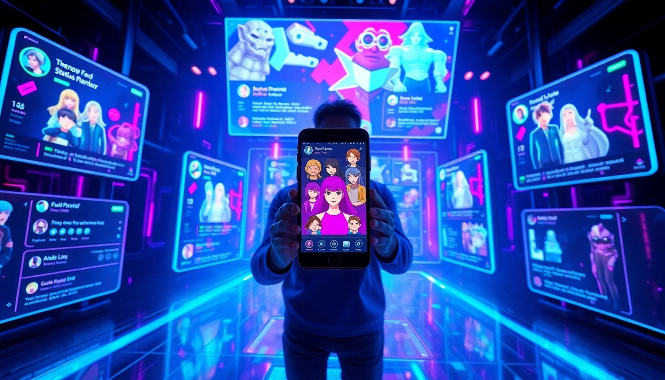 A futuristic digital scene showing a person engaging with AI avatars and social media holograms, representing fame and fandom.
