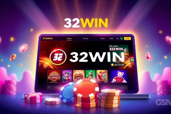 32WIN online gaming platform featuring a colorful casino setup, highlighting popular games and secure interface for players.