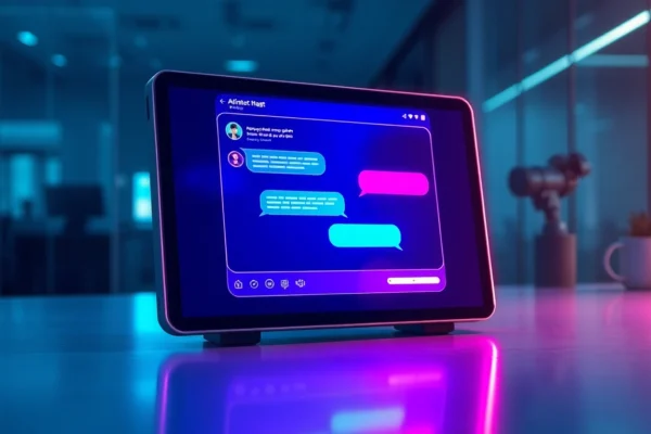 An illustration of a futuristic AI chat interface on a modern screen with colorful speech bubbles and ambient lighting.