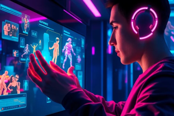 A person interacting with a futuristic AI interface with holographic character visuals in a neon-lit environment.