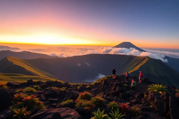 Hikers overlooking Mount Rinjani's crater at sunrise with lush greenery and mist-filled crater in the background.