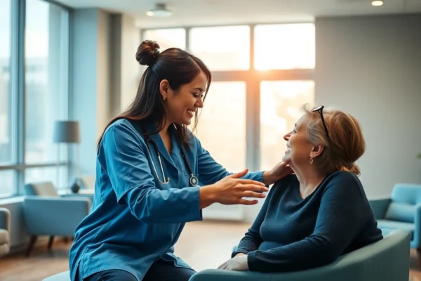 Effective treatment for drug addiction shown by a caring therapist supporting a patient in a tranquil rehab environment, highlighting hope and recovery.