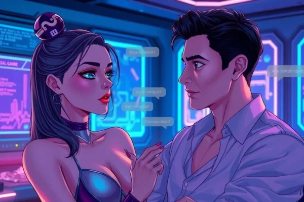 Futuristic scene of two AI characters in a high-tech environment engaging in an intimate interaction.