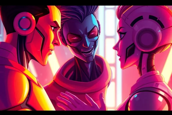 Two AI characters sharing an intimate moment in a futuristic setting with warm lighting and expressive body language.