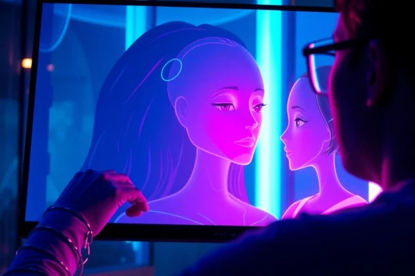 Futuristic scene of a user engaging with a virtual AI girlfriend on a high-tech screen, with vibrant neon colors and expressive digital avatars.