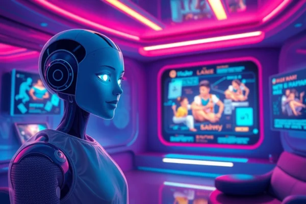 Futuristic scene of an AI character hologram in an immersive, neon-lit virtual environment
