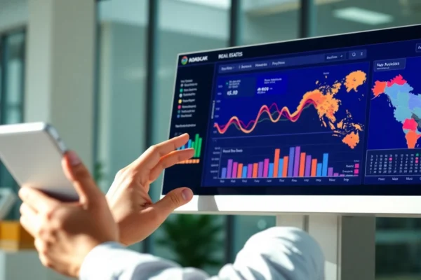 Professional real estate agent managing client data with an advanced real estate CRM platform, streamlining transactions and communications efficiently.
