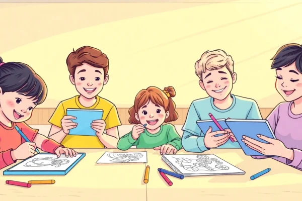 Colorful scene on mycolor.school showcasing kids and adults enjoying coloring pages, vibrant and inviting environment emphasizing creativity and learning for all ages.