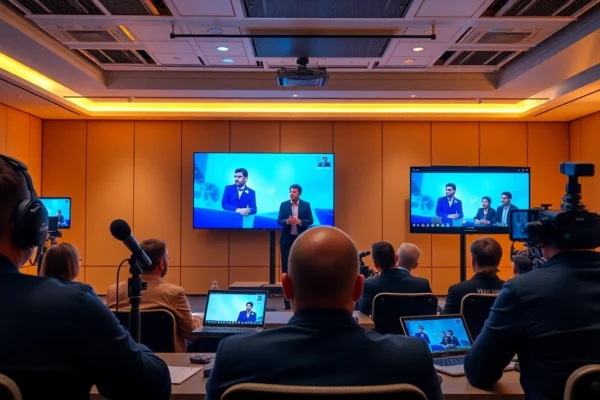 Hybrid Events Köln: Modern conference setup with dual screens and live streaming in Cologne.
