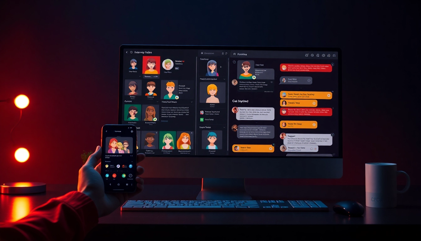 Digital interface showcasing customizable AI characters on multiple devices with vibrant colors and a high-tech design.