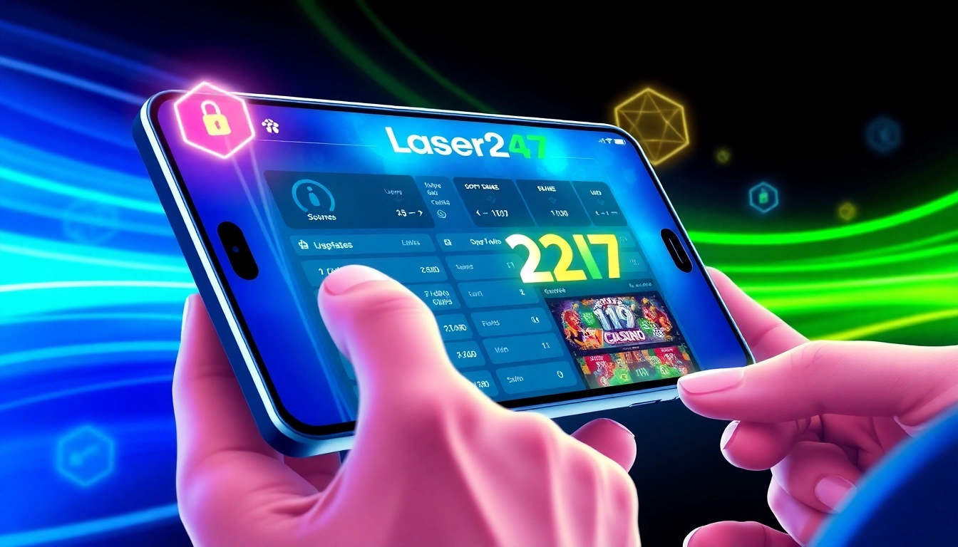 Laser 247 online betting platform showcasing live sports scores and casino games on a user’s device, highlighting security and user engagement.
