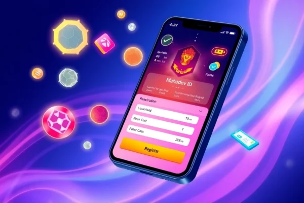Mahadev ID registration on a smartphone screen with sports betting graphics and digital icons for secure online gaming.