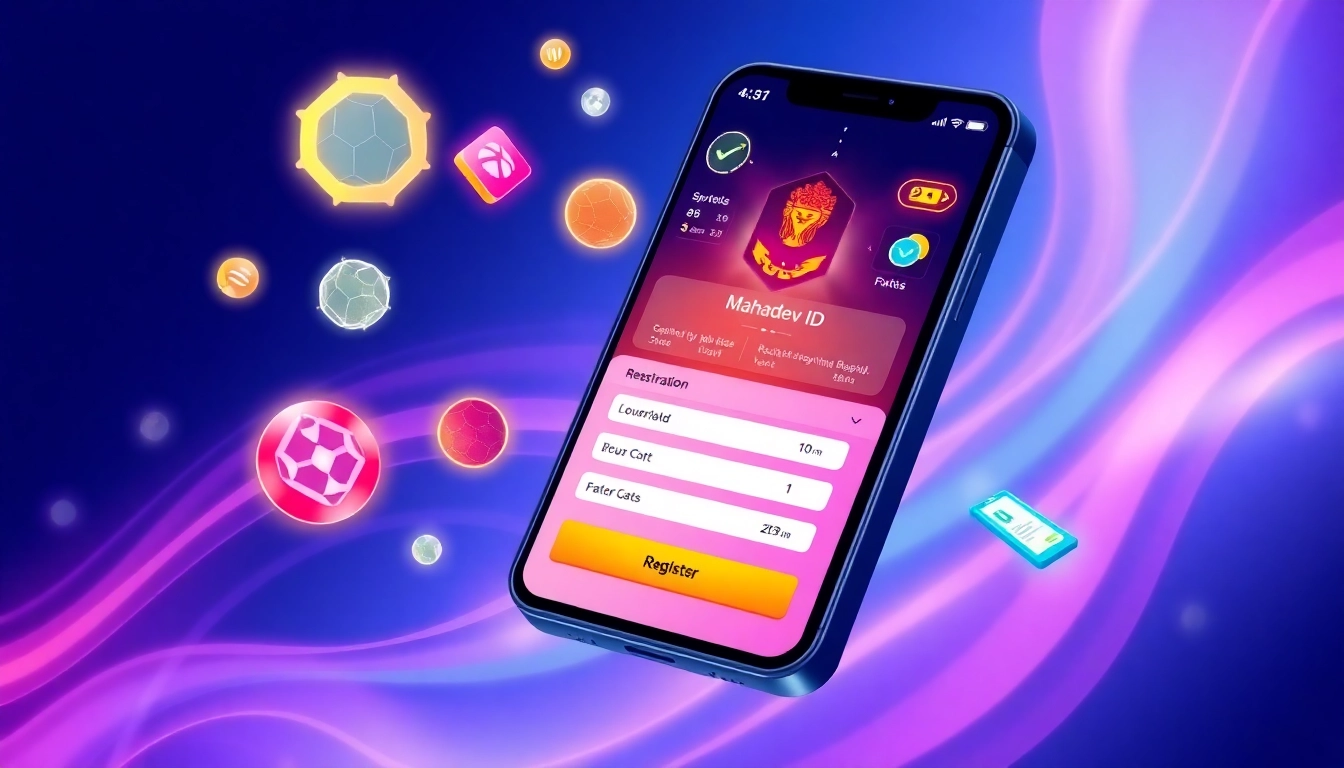 Mahadev ID registration on a smartphone screen with sports betting graphics and digital icons for secure online gaming.