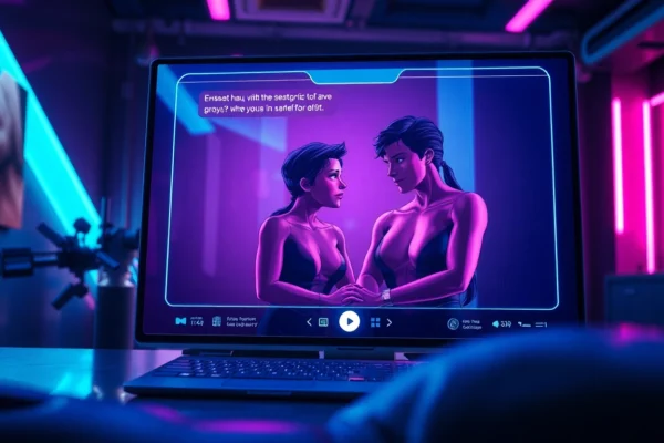 Futuristic AI sexting interface with animated characters in a cyberpunk setting