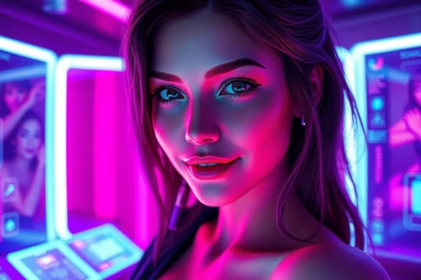 A realistic AI girlfriend avatar in a cyberpunk-inspired room with neon lighting and holographic interface elements.