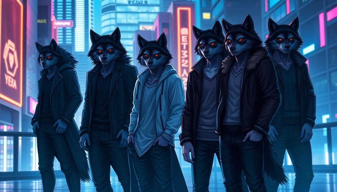 Illustration of humans with wolf-like features in a futuristic city, depicting hierarchy among alphas, betas, and omegas in a cyberpunk-inspired setting.