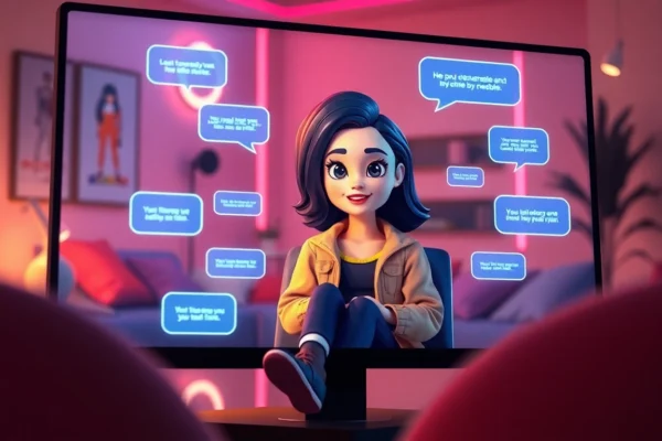 Digital illustration of a futuristic AI chat scene with a friendly animated AI girlfriend character in a cozy, neon-lit room.