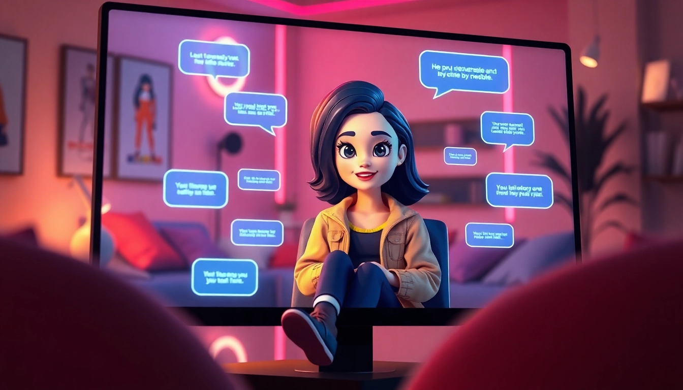 Digital illustration of a futuristic AI chat scene with a friendly animated AI girlfriend character in a cozy, neon-lit room.