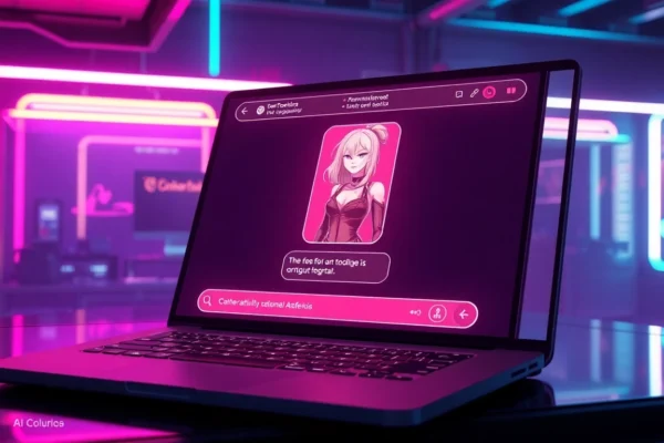 Futuristic AI chatbot interface with a commanding AI avatar in a neon-lit cyberpunk environment.