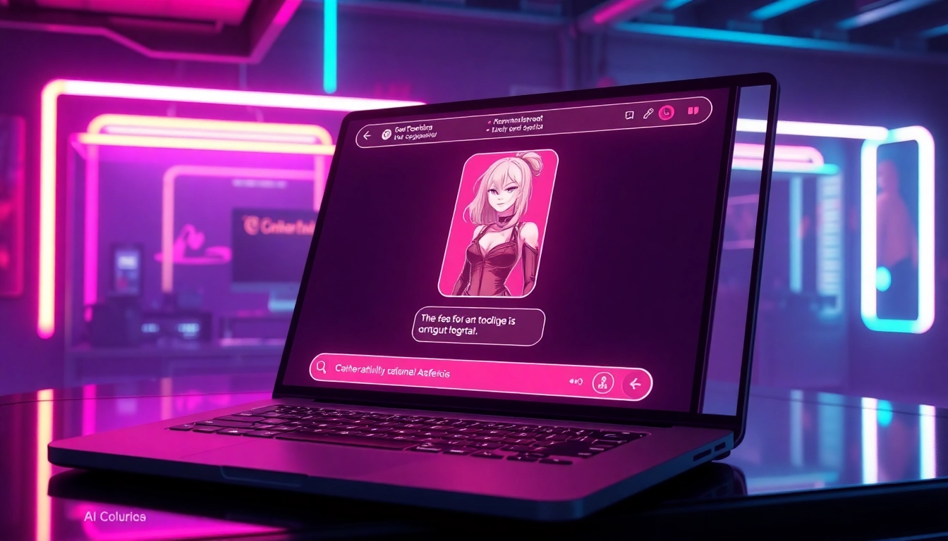 Futuristic AI chatbot interface with a commanding AI avatar in a neon-lit cyberpunk environment.