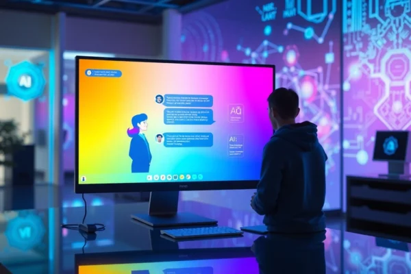 A person interacting with an AI chatbot on a modern computer in a futuristic digital workspace.