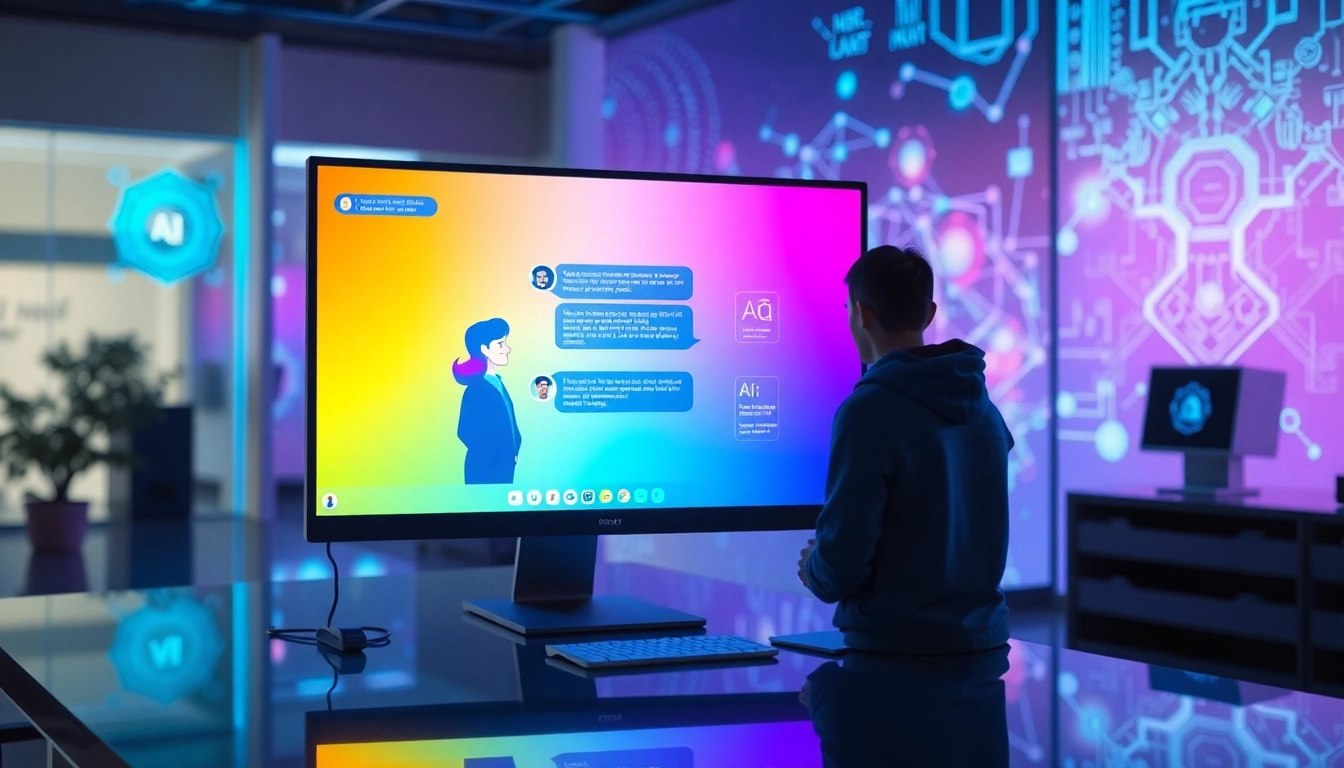A person interacting with an AI chatbot on a modern computer in a futuristic digital workspace.