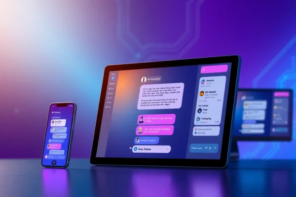 Futuristic AI chatbot interface on multiple devices with colorful chat bubbles and tech background.
