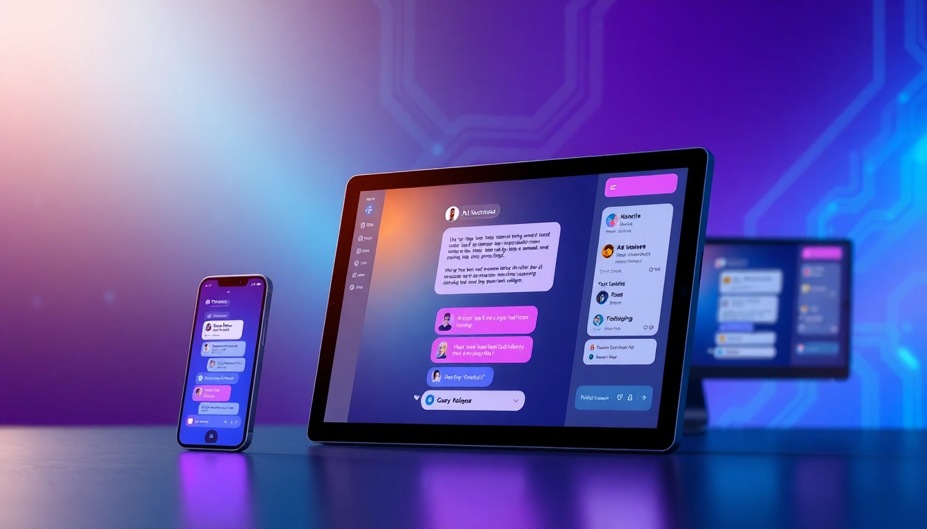 Futuristic AI chatbot interface on multiple devices with colorful chat bubbles and tech background.