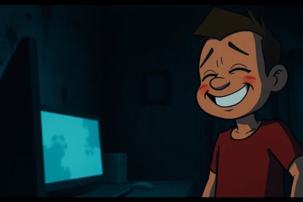 BloodMoney: The Dark Psychological Horror of Profit at Any Cost A distressed character clicking on a cheerful figure named Harvey in a dark room, with shadows and hints of violence creating an unsettling atmosphere.