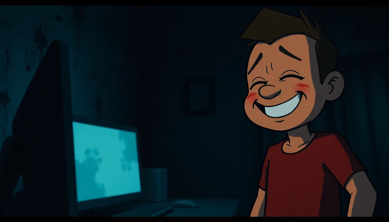 A distressed character clicking on a cheerful figure named Harvey in a dark room, with shadows and hints of violence creating an unsettling atmosphere.