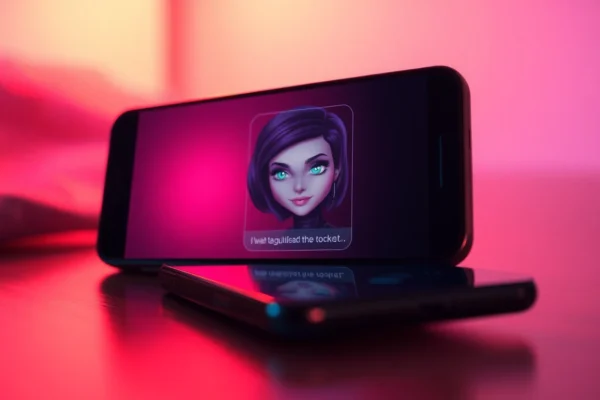 Close-up of a smartphone screen displaying an alluring adult chat with an AI character in a warm, intimate setting.