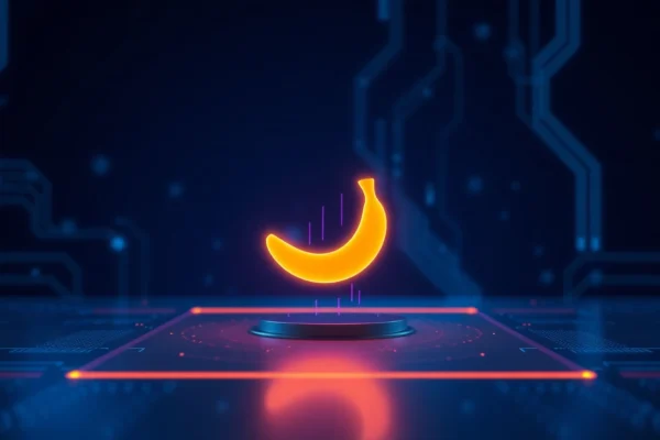 A futuristic AI interface featuring a glowing orange banana icon against a high-tech digital background.