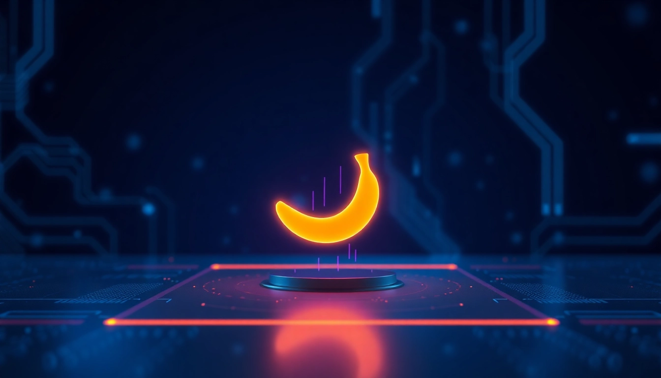 A futuristic AI interface featuring a glowing orange banana icon against a high-tech digital background.