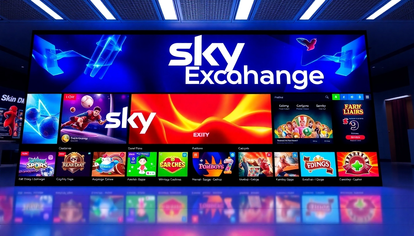 Sky Exchange online betting platform with vibrant sports and casino game visuals, inviting users to engage responsibly in a secure environment.