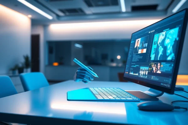 Revolutionizing Visual Creativity: Unlocking the Power of Nano Banana AI A futuristic workspace with a computer screen displaying AI algorithms and image editing interfaces, highlighting advanced technology and innovation.