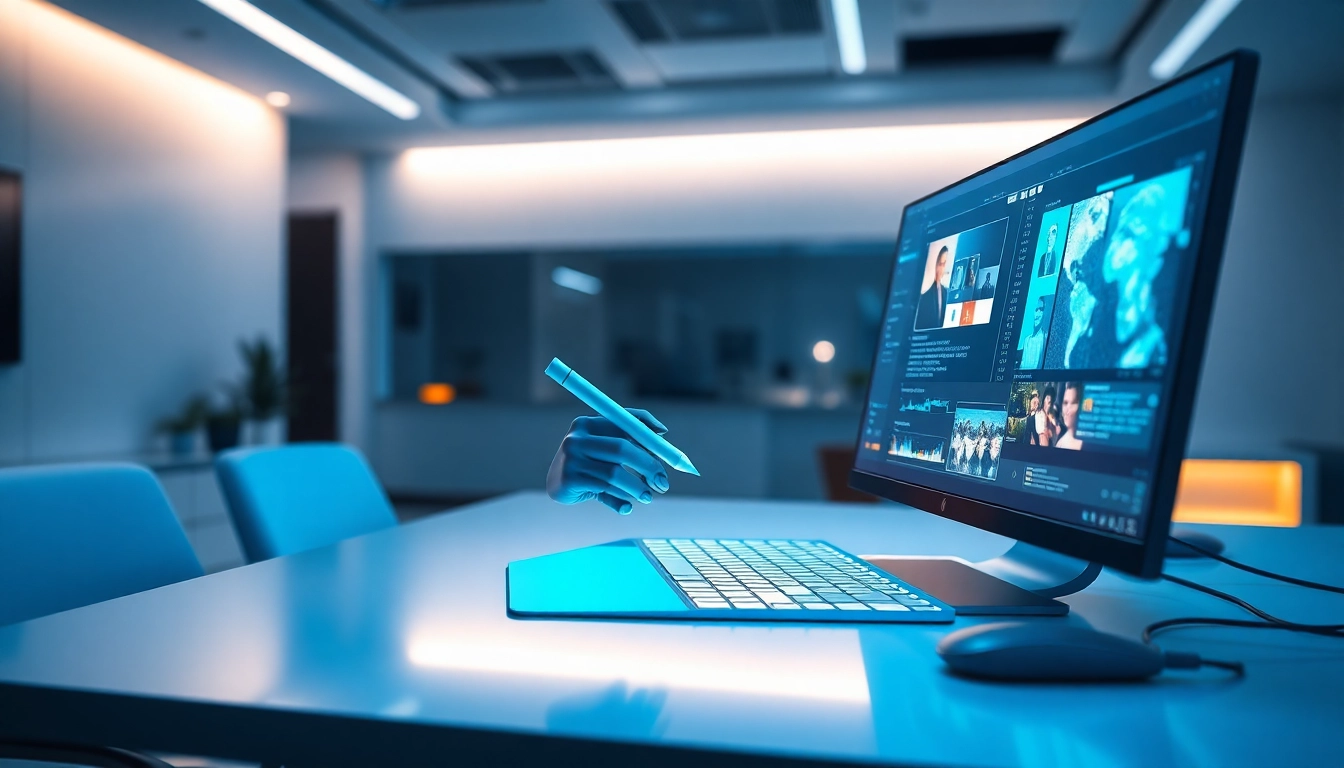 A futuristic workspace with a computer screen displaying AI algorithms and image editing interfaces, highlighting advanced technology and innovation.