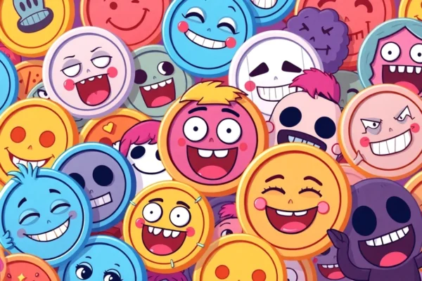 Popular memecoin logos with humorous meme characters engaging in digital trading activities,